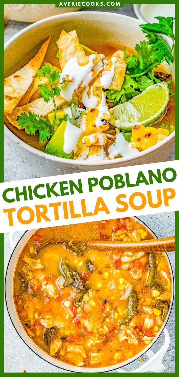 chicken poblano tortilla soup in a white bowl