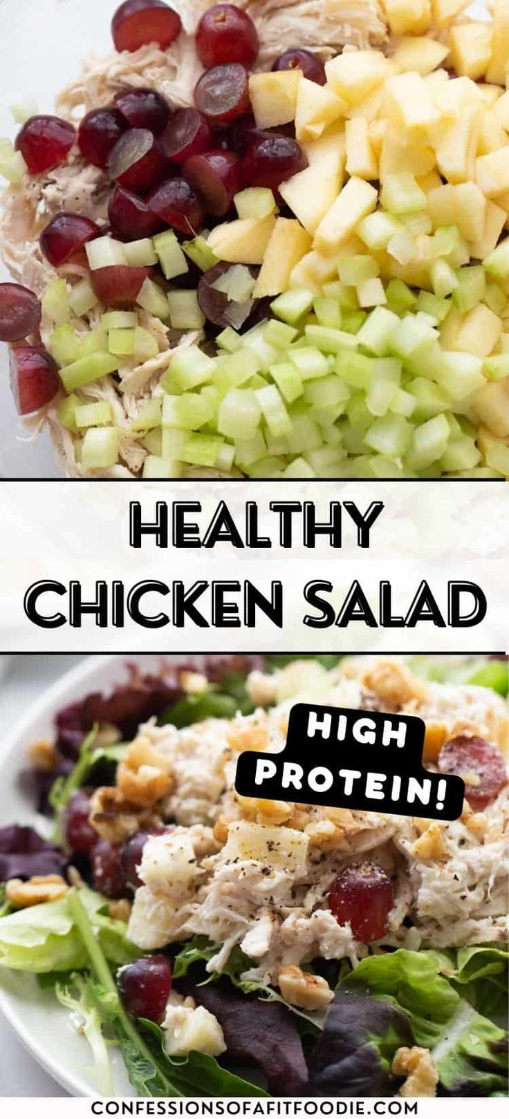 healthy chicken salad with grapes, celery and cranberries on the side