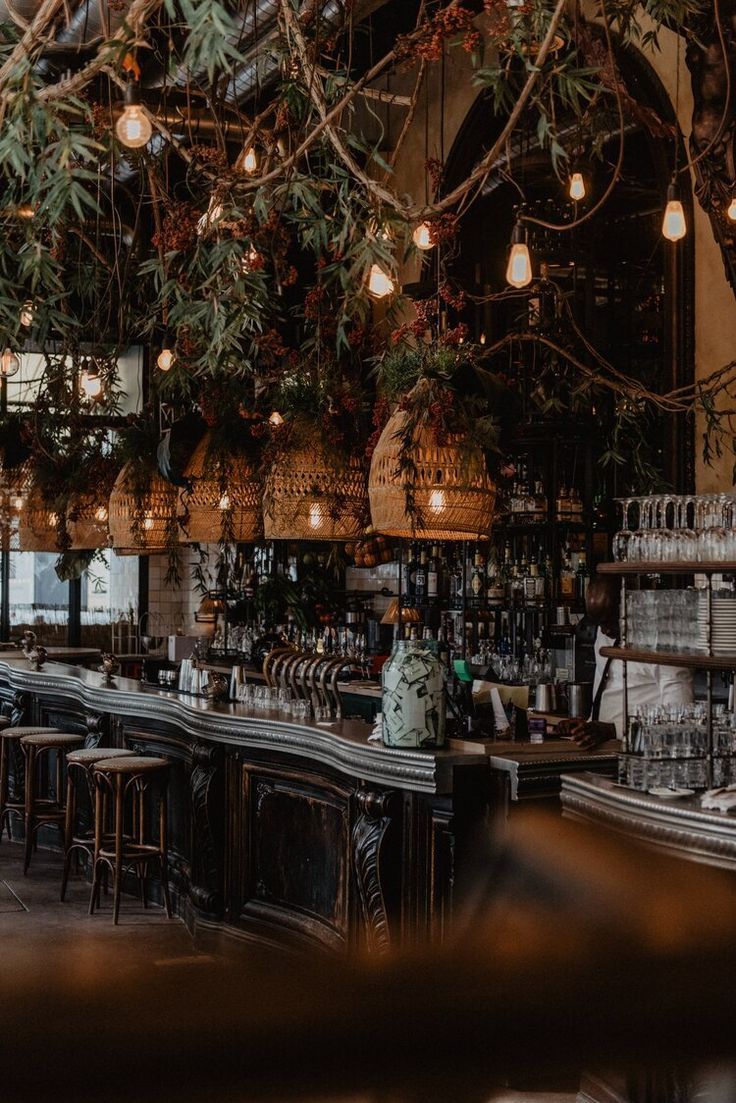 the interior of a bar with lots of plants hanging from the ceiling