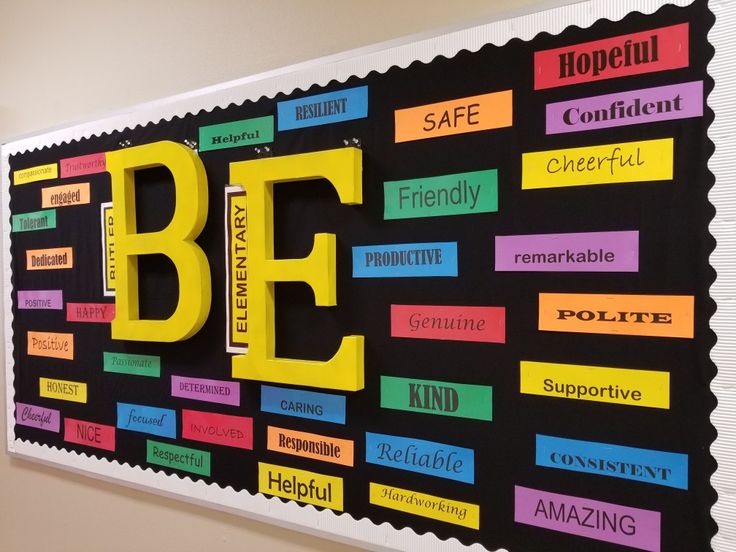 a bulletin board with the word be written in different colors and words on it's side