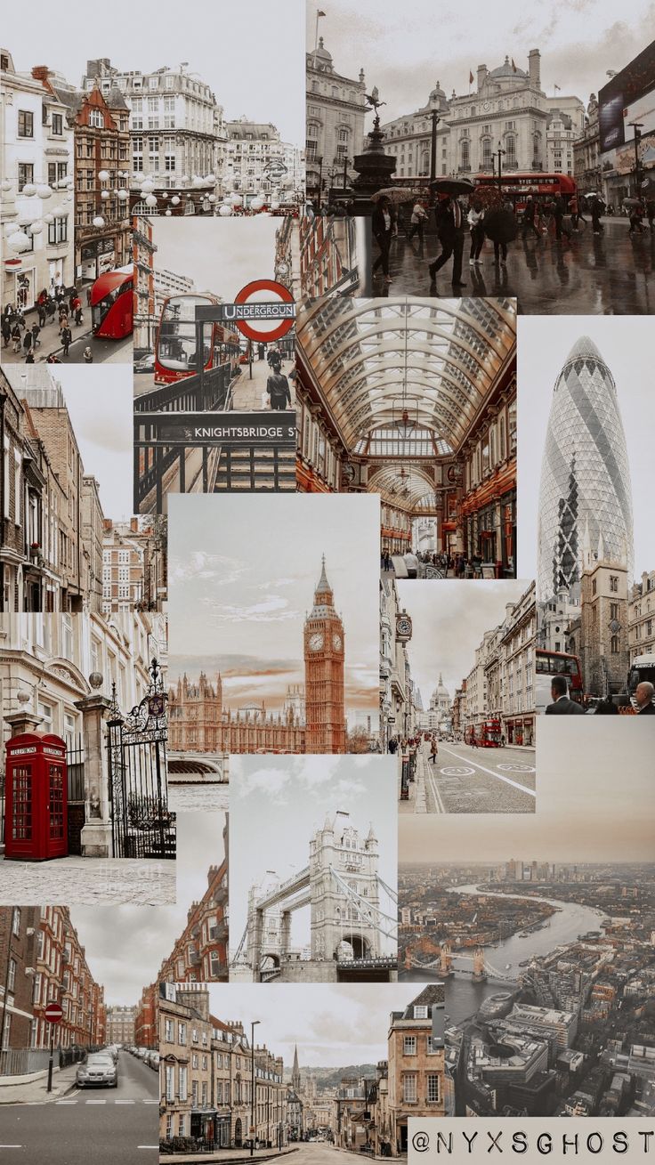 a collage of images with buildings and people in them, including a red phone booth