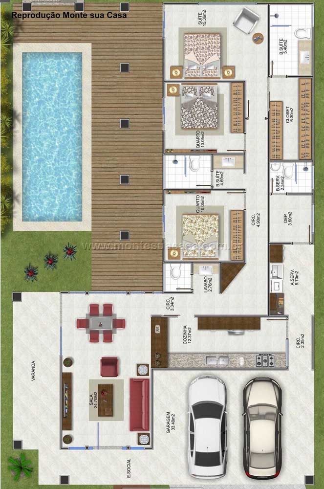 a floor plan for a house with two cars parked in the driveway and an above ground pool