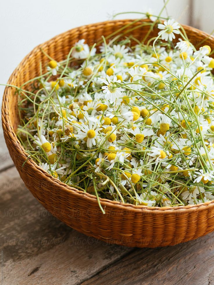 a wicker basket filled with white and yellow flowers