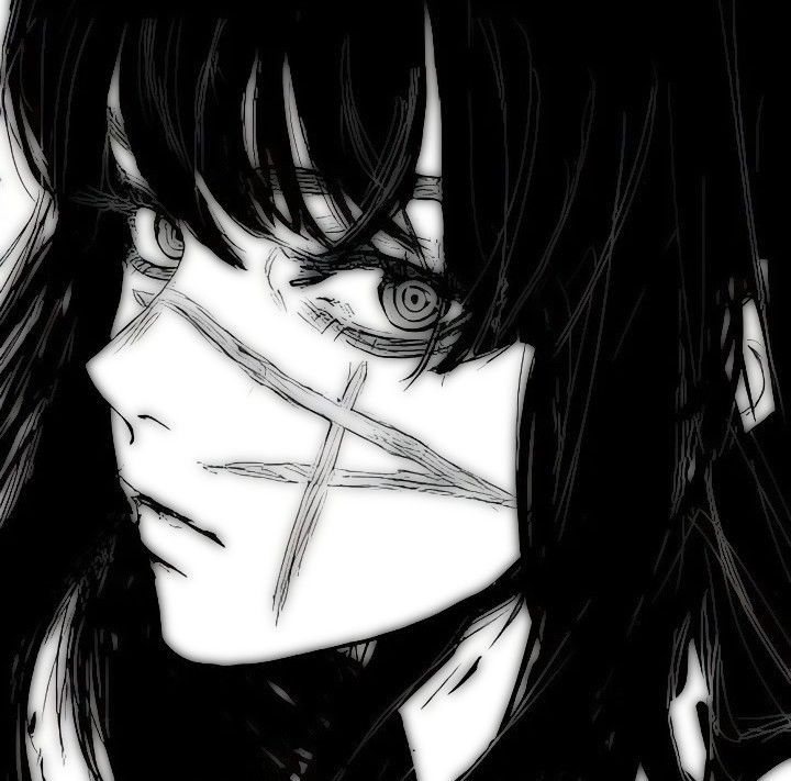 an anime character with long black hair and cross on his face