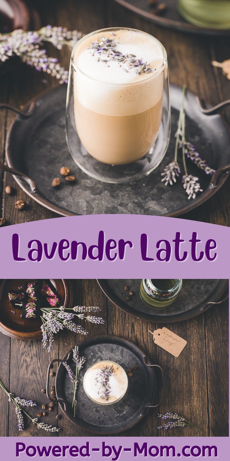 lavender latte on a black plate with flowers and spoons next to it, text overlay reads lavender latte powered by mom