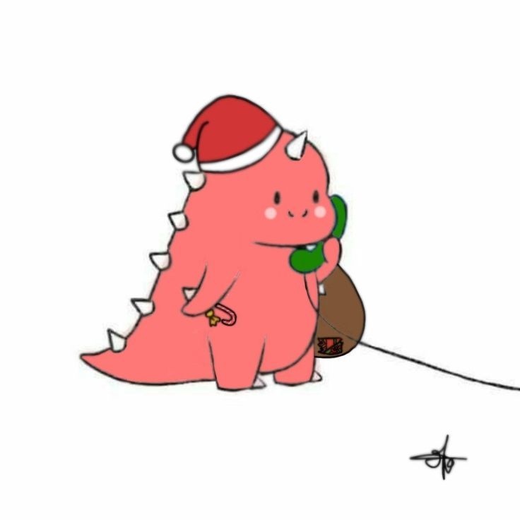 a pink dinosaur wearing a santa hat and holding a phone to its ear while sitting on the ground