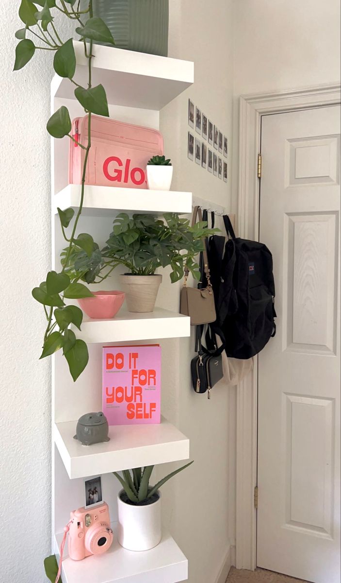 a white shelf filled with potted plants next to a door