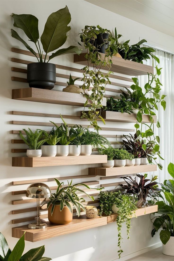 a wall mounted shelf filled with lots of potted plants