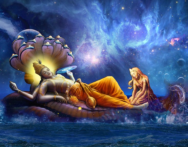 a painting of a woman laying on top of a body of water next to a star filled sky