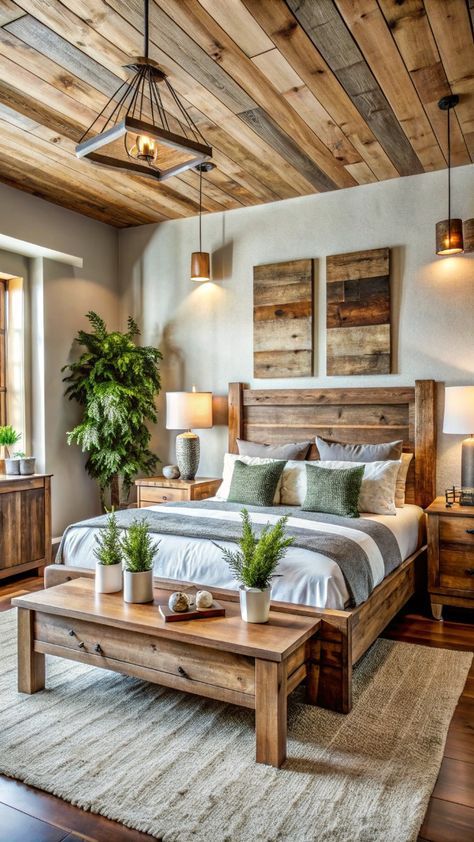 a bed room with a neatly made bed and wooden ceiling beams on the walls, along with potted plants