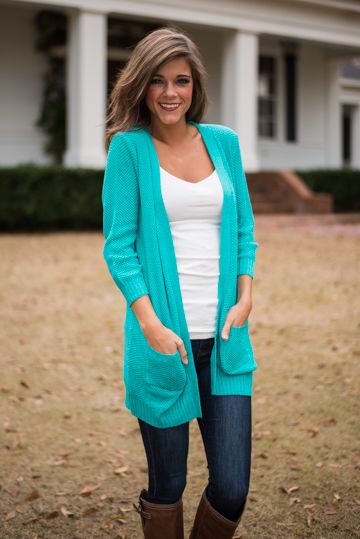 Turquoise Cardigan Outfit, Petite Tips, Simple Cardigan, Turquoise Cardigan, Teal Cardigan, Military Jackets, Spring Clothes, Outfit Mujer, Cardigan Sweaters