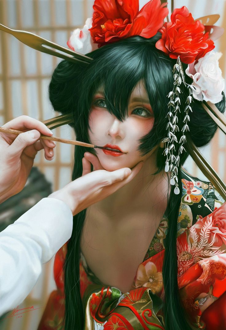 a woman with long black hair and red flowers on her head is holding chopsticks to her face