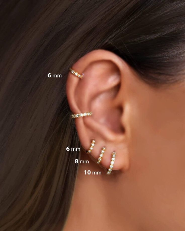 a woman's ear is shown with three different types of piercings