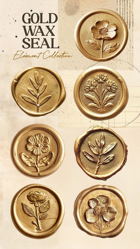 gold wax seal stamps with flowers and leaves on them are shown in this advertisement for the golden wax seal stamp company