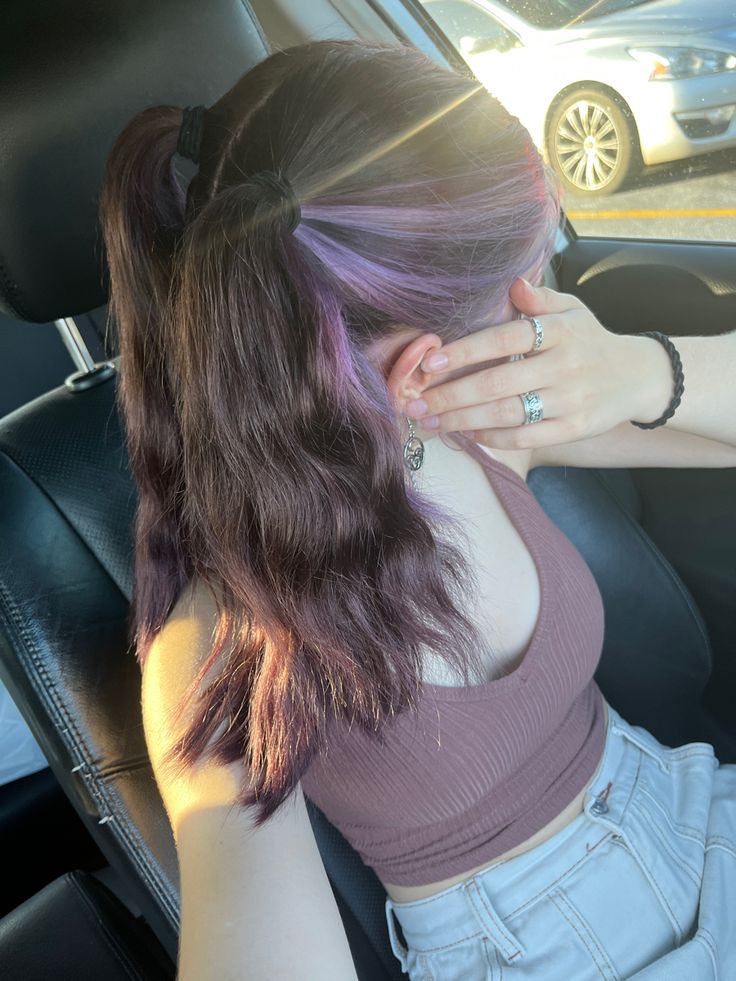 Long Brown Hair Dye Ideas, Peekaboo Dyed Hair For Brunettes, Different Color Streaks In Hair, Lilac Hair Streaks, Pink Purple Peekaboo Hair, Lavender Hair Highlights Brown, Light Brown Hair With Purple Streaks, Lavender Streaks In Brown Hair, Lavender Streaks In Blonde Hair