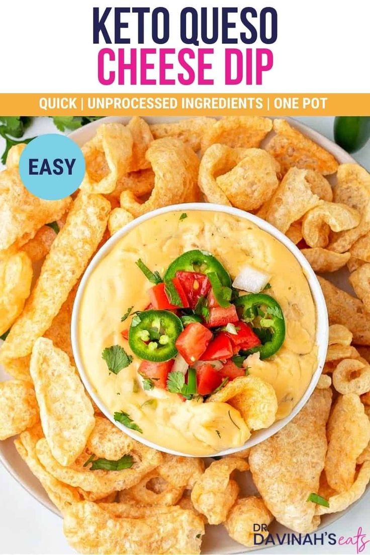 the keto queso dip recipe on a plate with chips