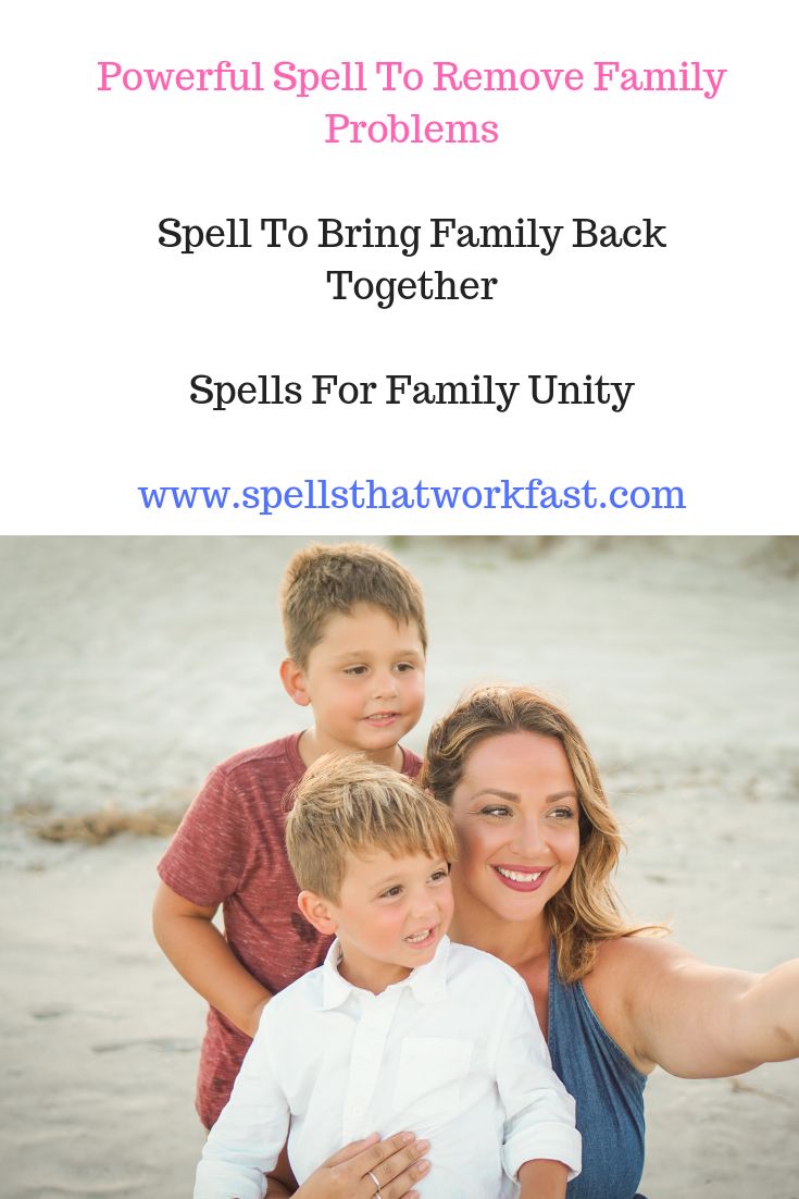 a woman and two boys are posing for a photo with the words spell to bring family back together