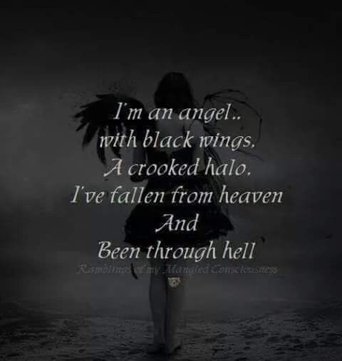 a woman standing in the dark with an angel on her back and text that reads i'm an angel with black wings