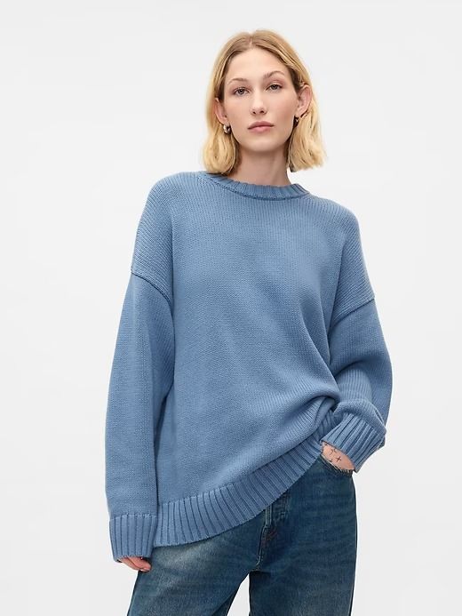 Oversized Boyfriend Sweater | Gap Relaxed Fit Sweater With Ribbed Collar And Drop Shoulder, Relaxed Fit Drop Shoulder Sweater With Ribbed Collar, Gap Cotton Sweatshirt For Fall, Oversized Cotton Crew Neck Sweater, Oversized Cotton Crew Sweater, Gap Long Sleeve Sweater With Ribbed Cuffs, Oversized Crew Sweater With Ribbed Collar, Relaxed Fit Ribbed Crew Neck Sweater, Relaxed Fit Ribbed Sweater With Crew Neck