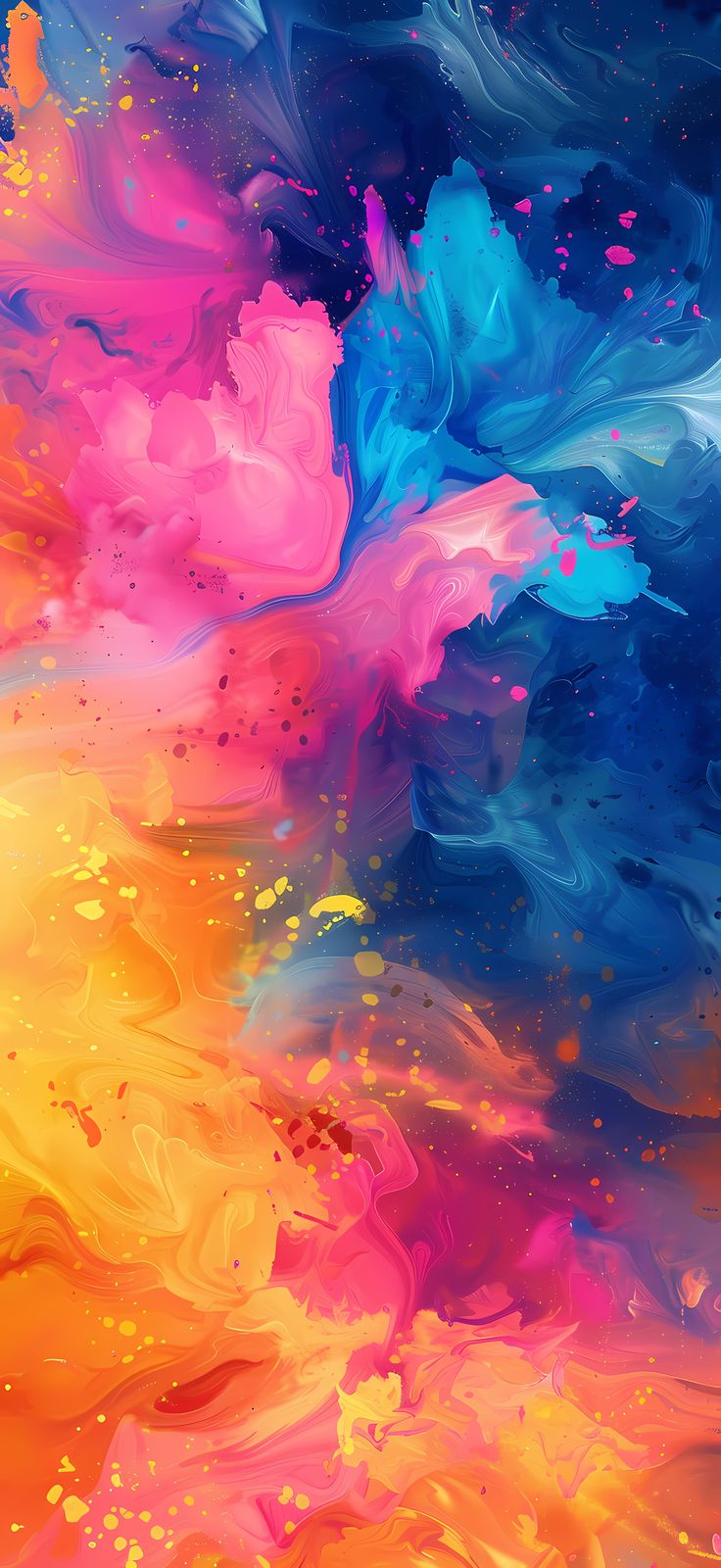 an abstract painting with blue, yellow and pink colors