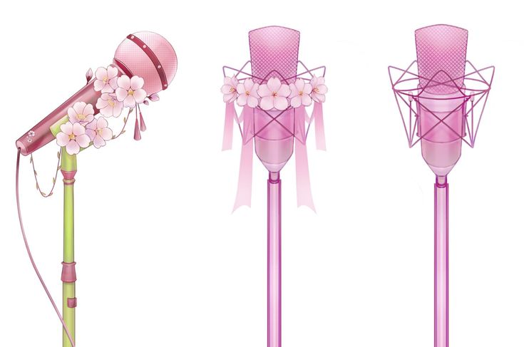 three different types of microphones with flowers and ribbons on them, one pink the other green