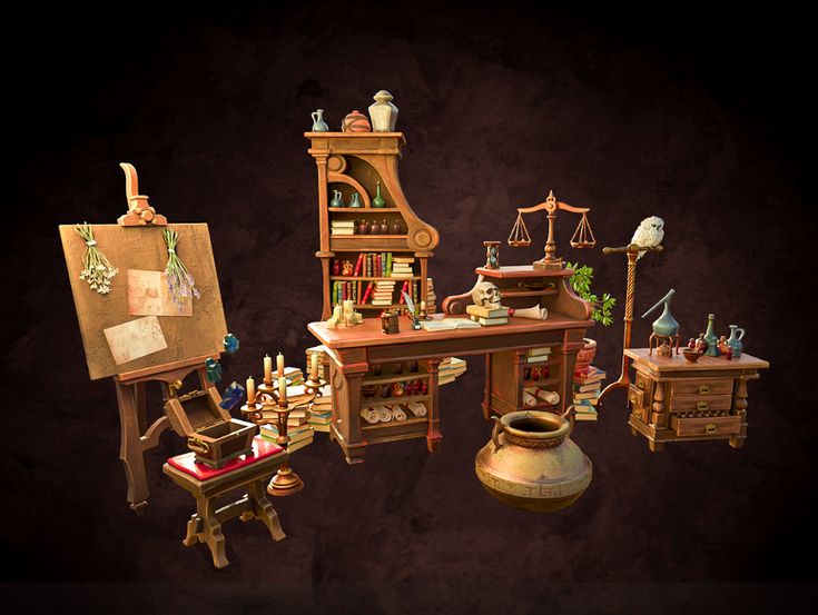 an assortment of miniature items displayed on a black background, including bookshelves and desks