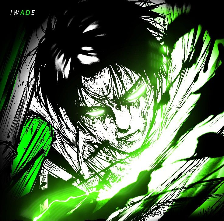 an anime character with green and black hair is staring at the camera, while his eyes are glowing