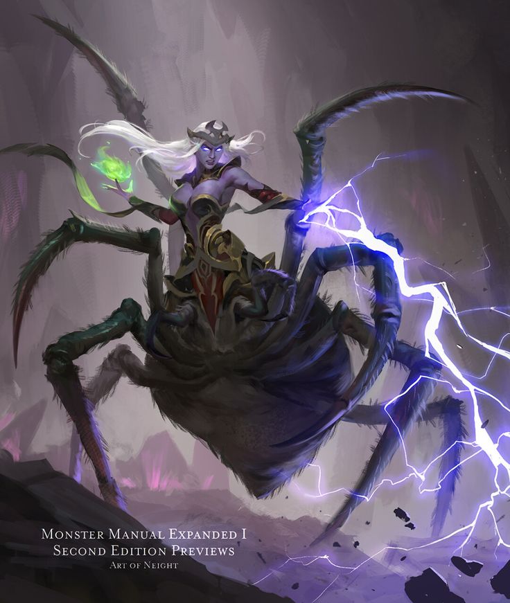 an image of a woman on a giant spider with lightning in the sky behind her