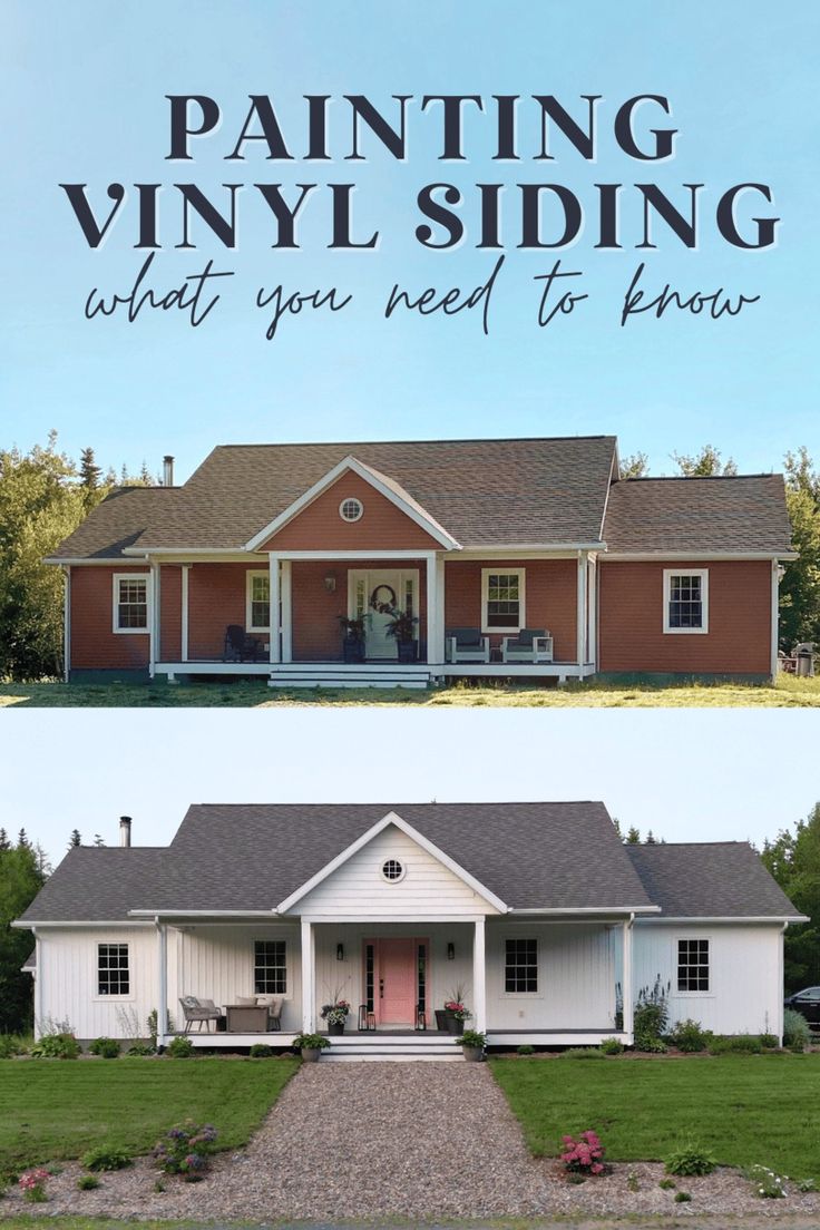 the before and after shots of painting vinyl siding on a house in an open field