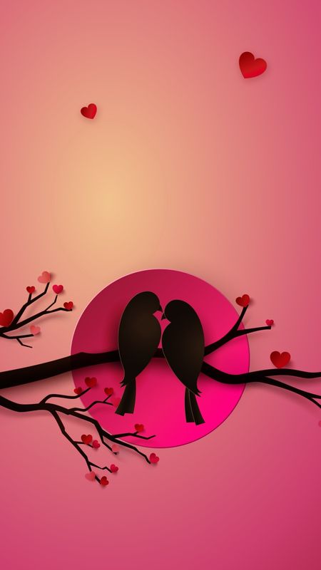 two birds sitting on a tree branch in front of a pink background with red hearts