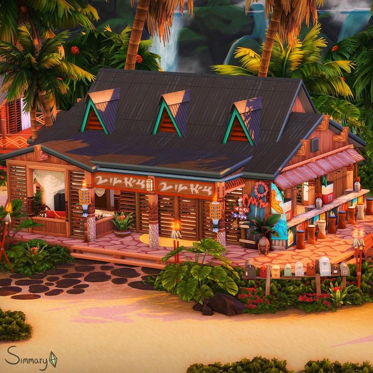 an animated image of a tropical resort with palm trees and people sitting on the porch