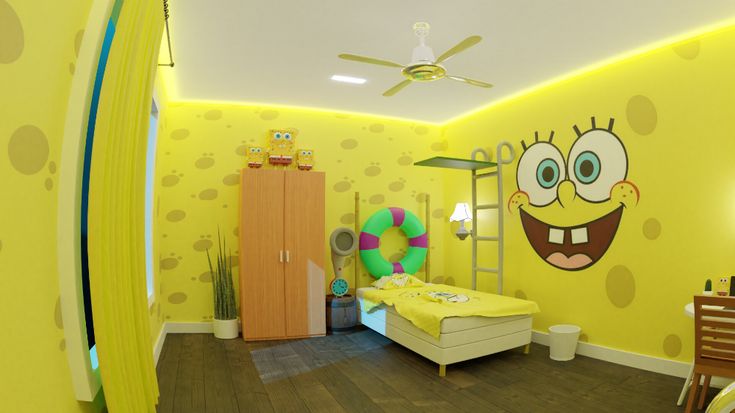 a bedroom with yellow walls and cartoon characters on the wall, along with a surfboard in the foreground