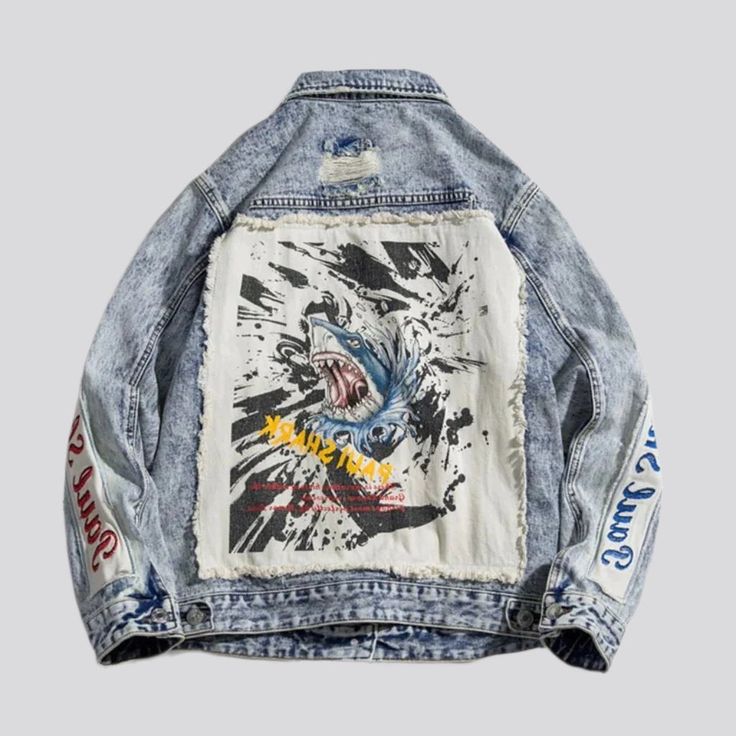 Welcome to the 2023 Spring-Summer Collection and experience true fashion elegance with the large pieced-together jean jacket! Perfectly blending vintage styles and vogue flair. this denim jacket is patterned to add a bold and unique statement to your wardrobe. Offering a distinctive buttoned closure. ripped look. and creative printed design. you'll be sure to look and feel your best in this one-of-a-kind piece.Distinctive Features: Oversized Fit: Perfect for those looking for a bold and stylish Patchwork Denim Jacket For Streetwear, Trendy Long Sleeve Patchwork Denim Jacket, Trendy Patchwork Denim Jacket For Streetwear, Trendy Patchwork Long Sleeve Denim Jacket, Cotton Denim Jacket For Streetwear, Trendy Patched Denim Jacket, Denim Blue Cotton Jacket For Streetwear, Trendy Cotton Denim Jacket With Patches, Summer Washed Outerwear For Streetwear