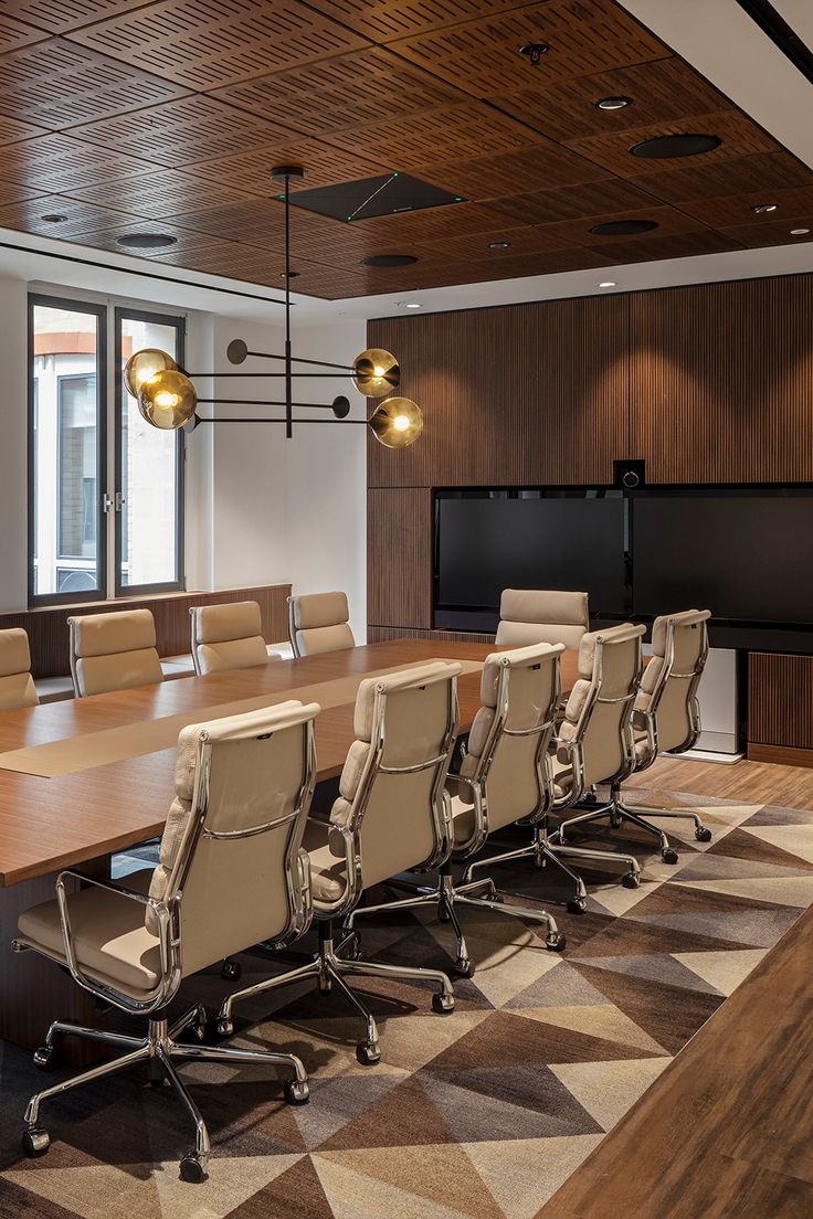 an empty conference room with chairs and a flat screen tv