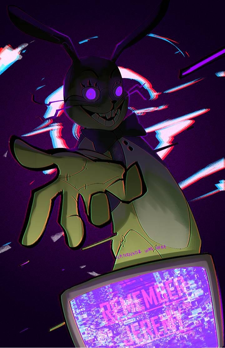 an animated image of a rabbit on top of a television screen with neon lights in the background