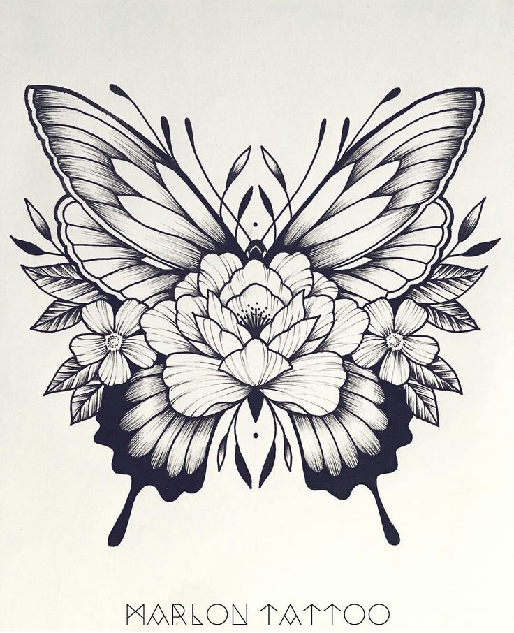 a black and white drawing of a butterfly with flowers on it's wings that say marron tattoo