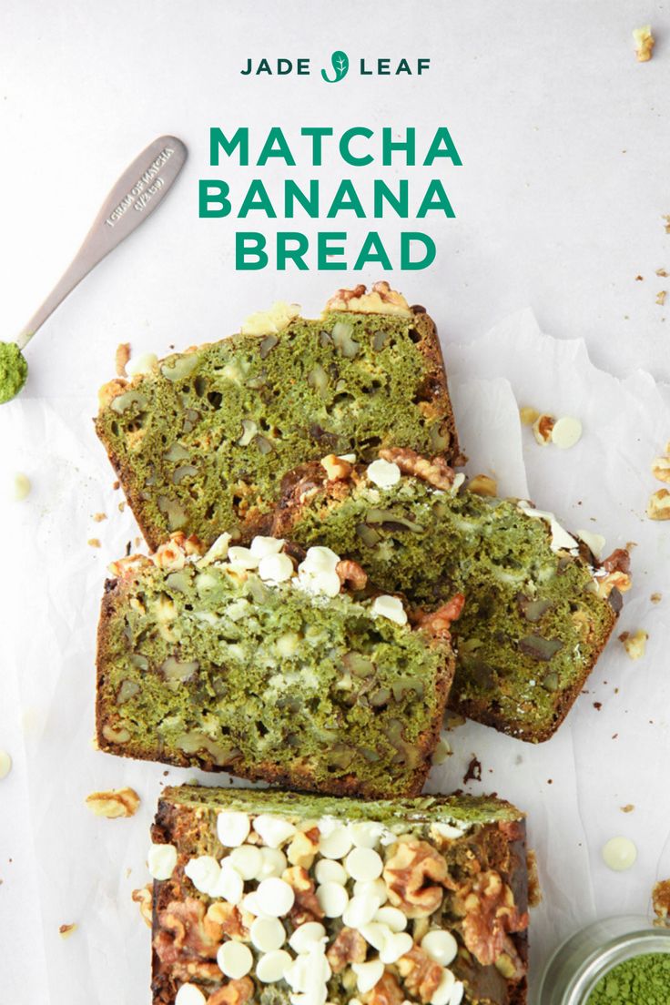 there are four pieces of bread with nuts on it and the words matcha banana bread