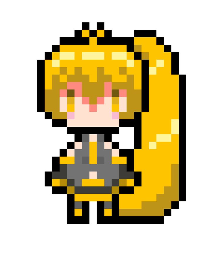 an image of a pixel art character with yellow hair and black dress, holding a large object in her hand