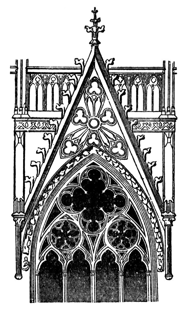 an old black and white drawing of a gothic church window with ornate carvings on the front