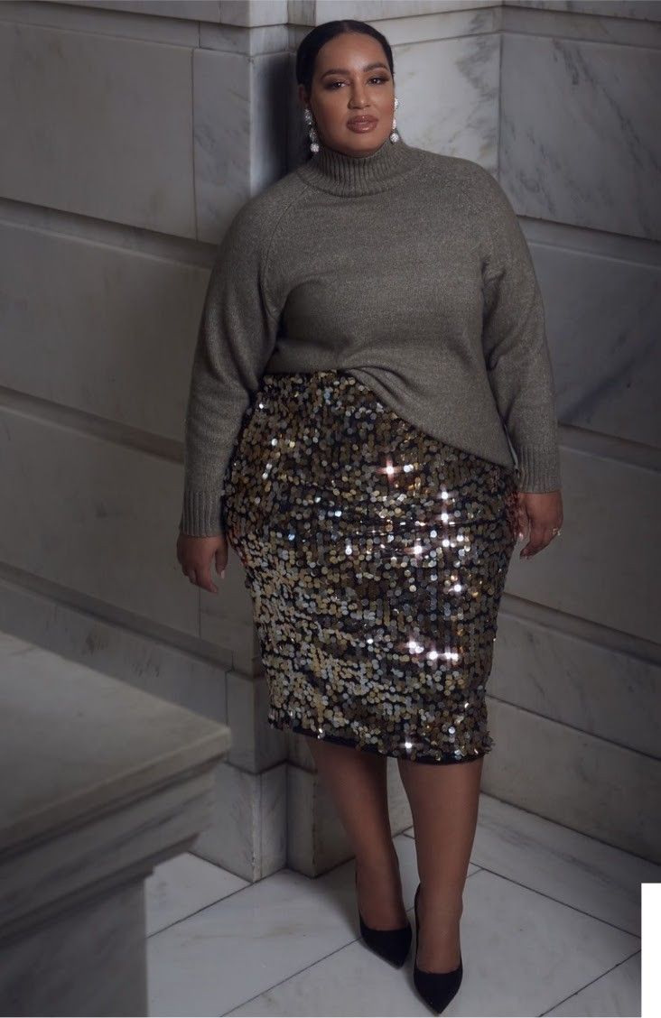 Plus Size Sequin Skirt, Sequin Skirt Outfit, Safari Chic, Sequin Pencil Skirt, Plus Size Fall Outfit, Sequin Outfit, Big Girl Fashion, Plus Size Fashion For Women, Plus Size Skirts