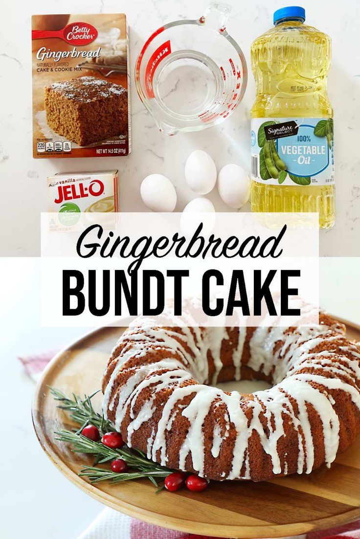 gingerbread bundt cake on a plate with ingredients to make it