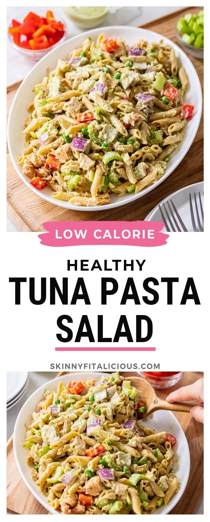 this healthy tuna pasta salad is loaded with fresh ingredients and ready to be eaten