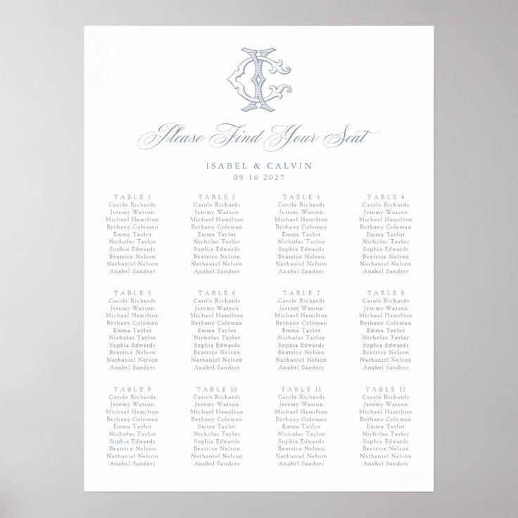 a white and blue wedding seating chart