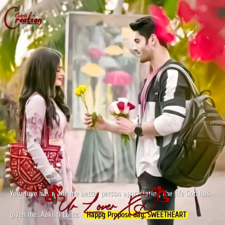 a man giving flowers to a woman in front of a floral display with the words happy anniversary