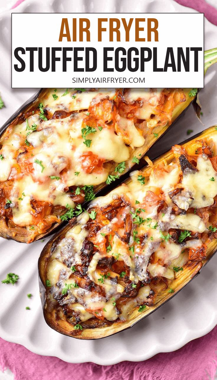 an air fryer stuffed eggplant on a white plate with the title above it