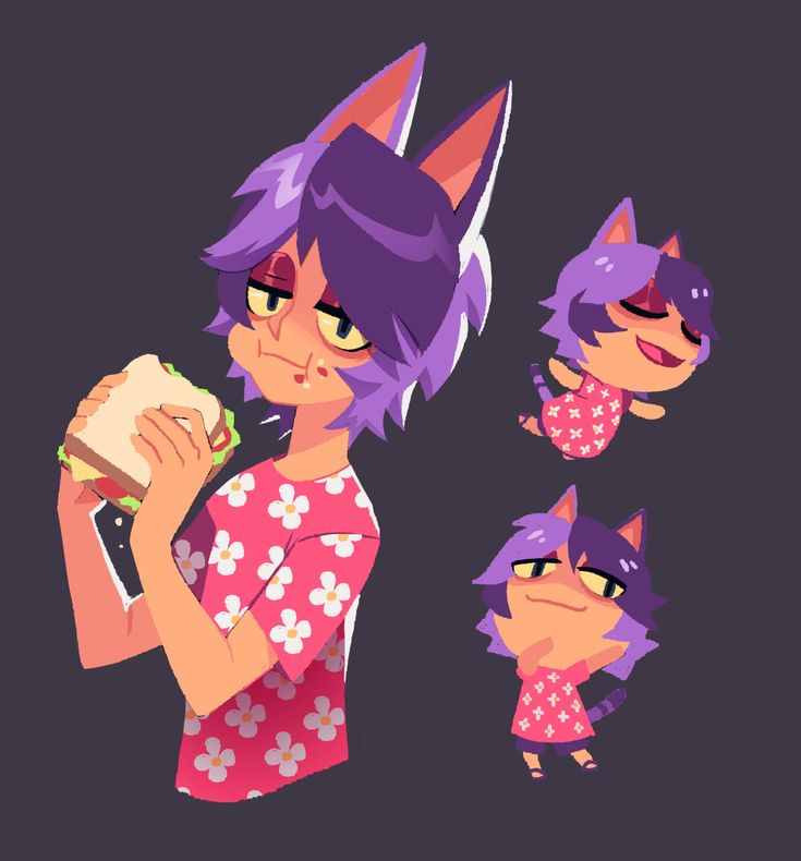 a woman with purple hair and cat ears holding a hot dog in her hand while standing next to other cats