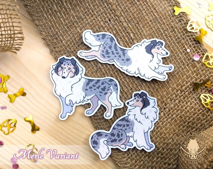 three stickers with dogs on them sitting next to some confetti and decorations