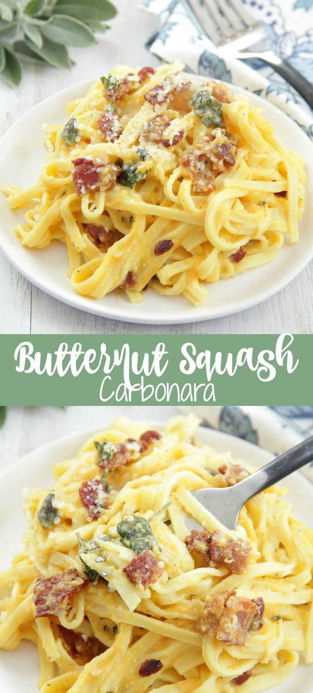 butternut squash carbonara pasta with bacon and spinach