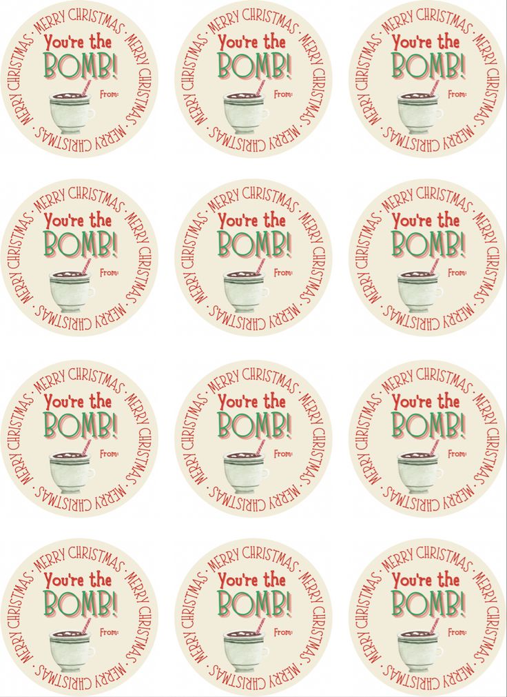 twelve round christmas stickers with the words you're the bomb and soup on them