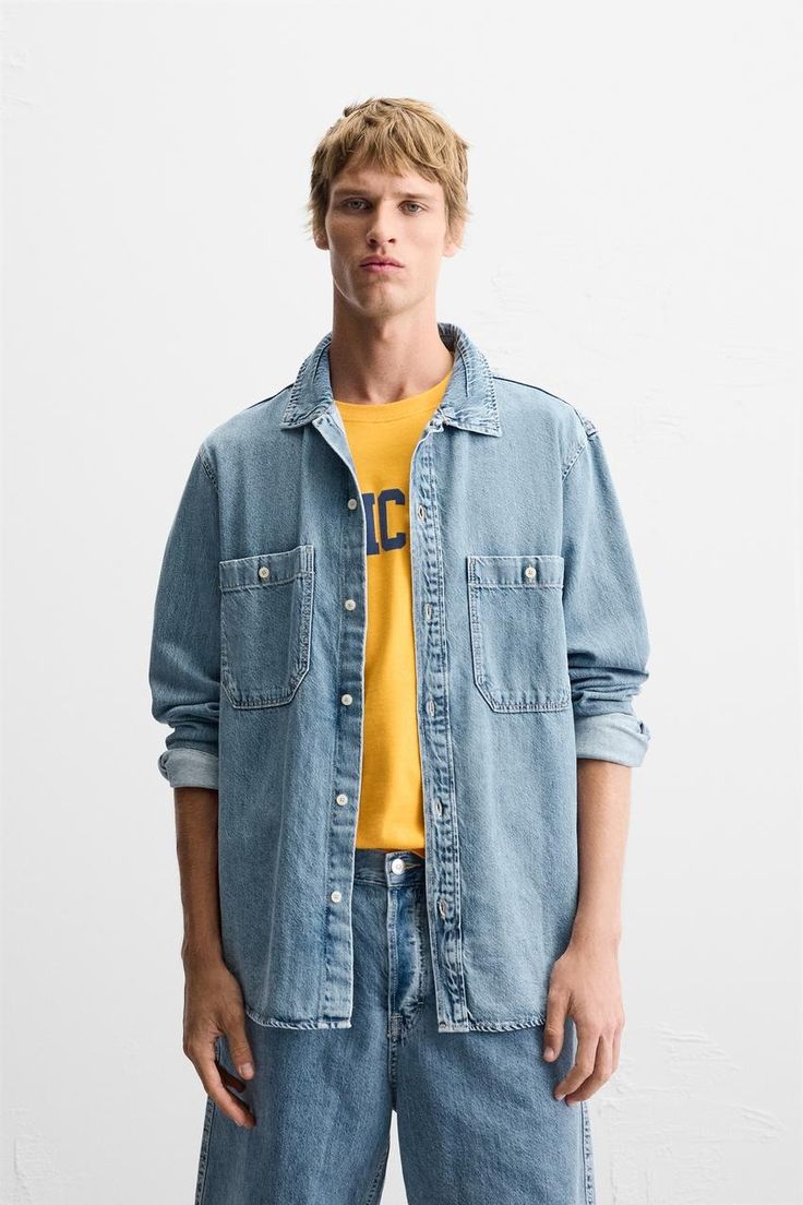 LIGHT DENIM SHIRT - Light blue | ZARA United States Classic Collared Washed Blue Denim Jacket, Casual Light Wash Collared Denim Jacket, Blue Denim Shirt With Patch Pockets, Classic Light Wash Denim Top For Spring, Casual Light Blue Button-up Denim Jacket, Light Wash Chambray Denim Jacket With Button Closure, Medium Wash Chambray Denim Jacket, Medium Wash Chambray Denim Jacket With Long Sleeves, Washed Blue Cotton Denim Jacket With Collar